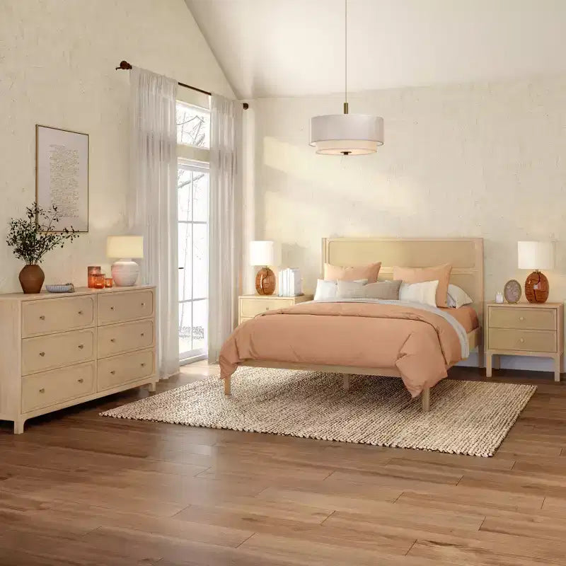 Rattan Queen Bed Frame with Solid Pine Wood, No Box Spring Needed