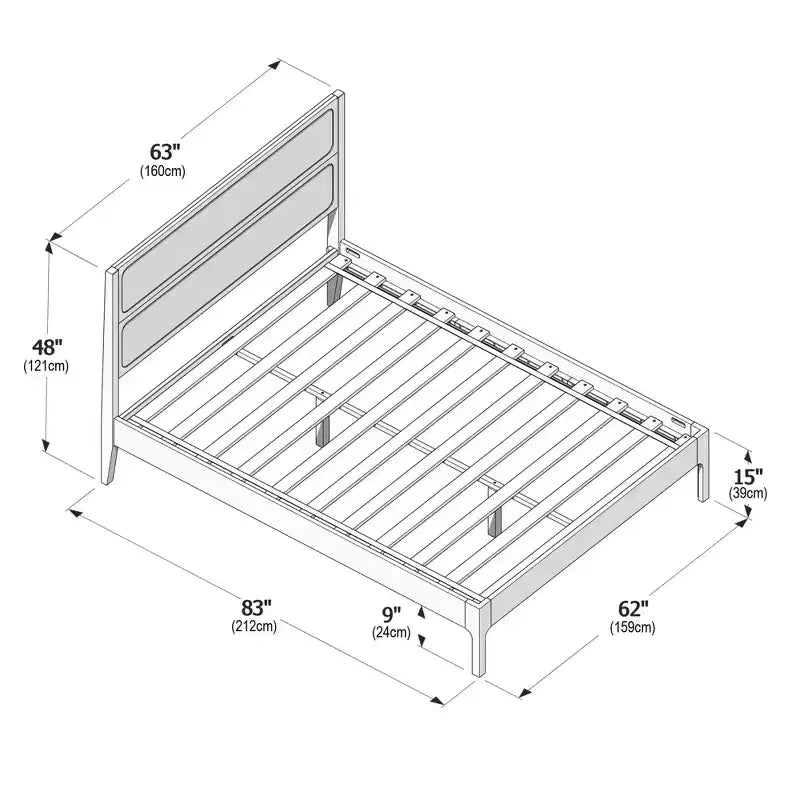 Rattan Queen Bed Frame with Solid Pine Wood, No Box Spring Needed
