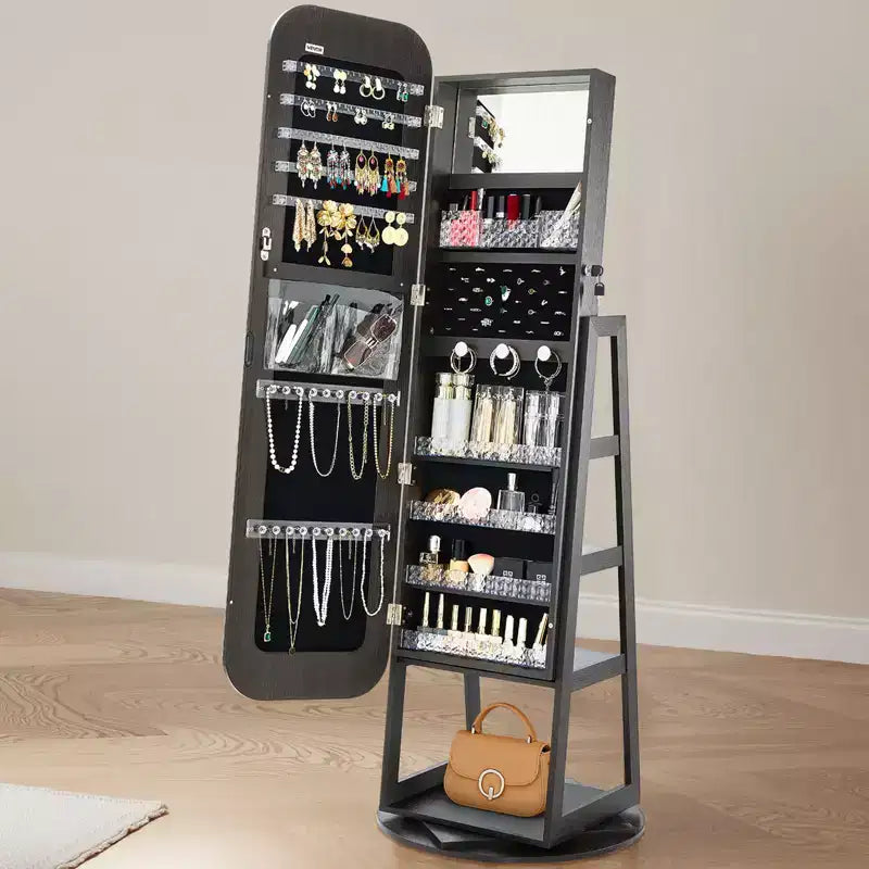 360° Swivel Jewelry Cabinet, 63-Inch Tall, Full-Length Mirror with Storage, Black