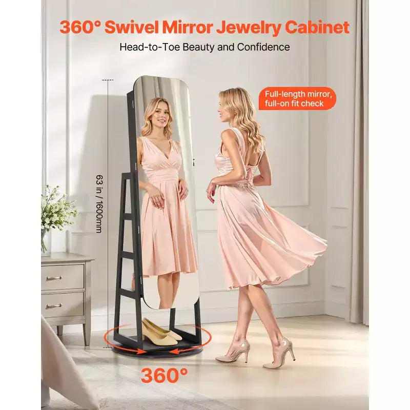 360° Swivel Jewelry Cabinet, 63-Inch Tall, Full-Length Mirror with Storage, Black