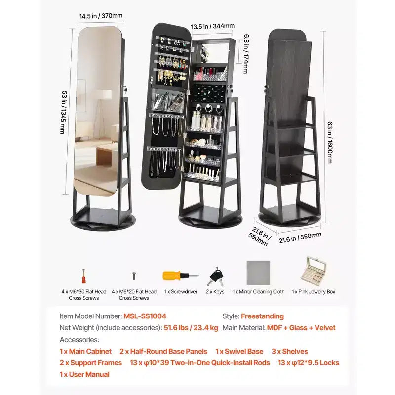 360° Swivel Jewelry Cabinet, 63-Inch Tall, Full-Length Mirror with Storage, Black
