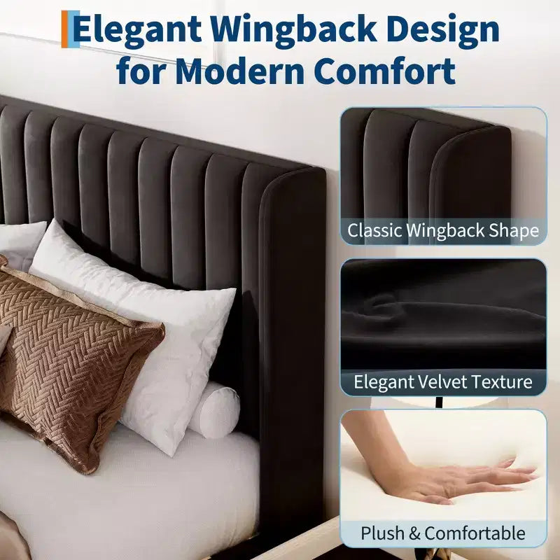 Queen Size Velvet Upholstered Platform Bed Frame, Channel Tufted Wingback Headboard