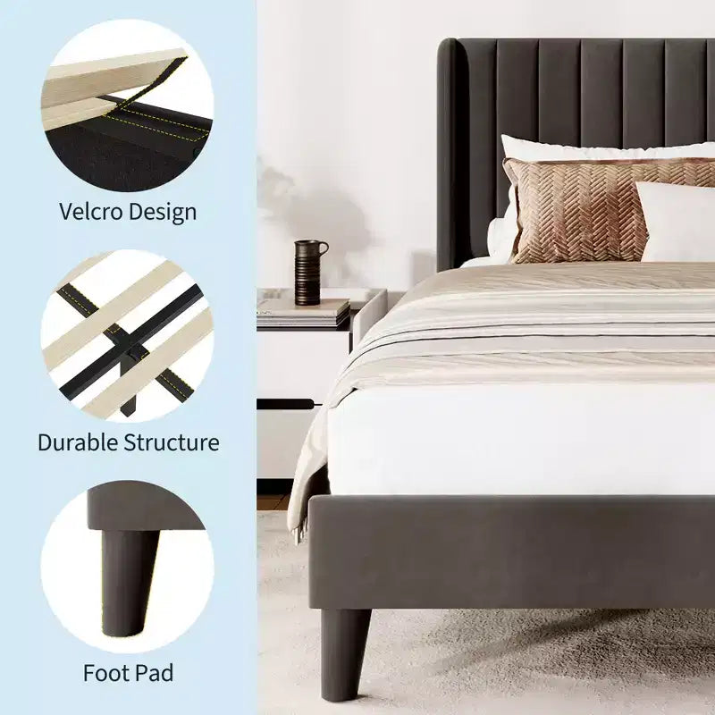 Queen Size Velvet Upholstered Platform Bed Frame, Channel Tufted Wingback Headboard