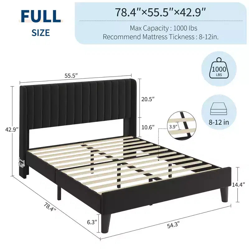 Queen Size Velvet Upholstered Platform Bed Frame, Channel Tufted Wingback Headboard