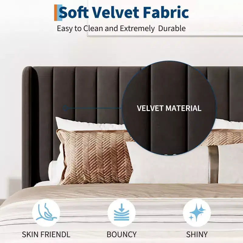 Queen Size Velvet Upholstered Platform Bed Frame, Channel Tufted Wingback Headboard