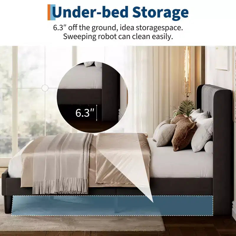 Queen Size Velvet Upholstered Platform Bed Frame, Channel Tufted Wingback Headboard