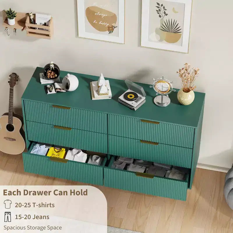 6-Drawer Modern Black Fluted Dresser, Wide Wooden Chest with Gold Metal Handles & Legs, Large Storage Organizer for Bedroom, Living Room & Entryway
