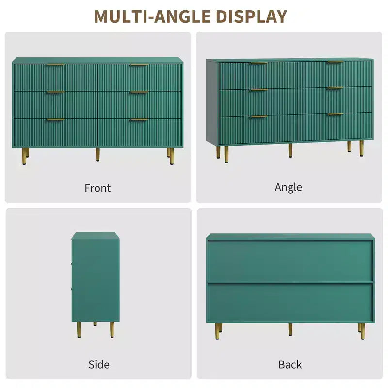6-Drawer Modern Black Fluted Dresser, Wide Wooden Chest with Gold Metal Handles & Legs, Large Storage Organizer for Bedroom, Living Room & Entryway