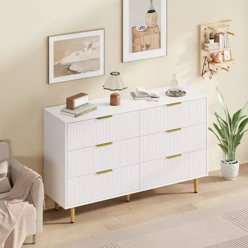 6-Drawer Modern Black Fluted Dresser, Wide Wooden Chest with Gold Metal Handles & Legs, Large Storage Organizer for Bedroom, Living Room & Entryway
