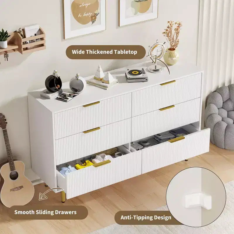 6-Drawer Modern Black Fluted Dresser, Wide Wooden Chest with Gold Metal Handles & Legs, Large Storage Organizer for Bedroom, Living Room & Entryway