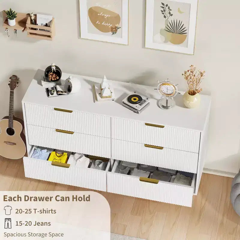 6-Drawer Modern Black Fluted Dresser, Wide Wooden Chest with Gold Metal Handles & Legs, Large Storage Organizer for Bedroom, Living Room & Entryway
