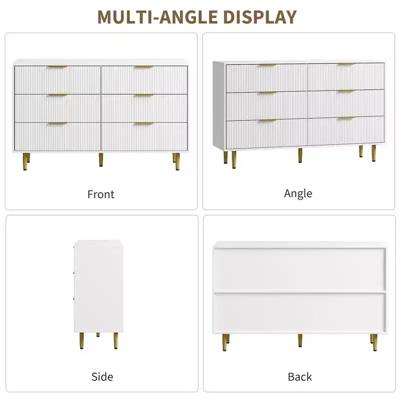 6-Drawer Modern Black Fluted Dresser, Wide Wooden Chest with Gold Metal Handles & Legs, Large Storage Organizer for Bedroom, Living Room & Entryway