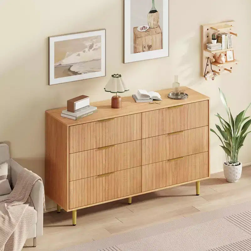 6-Drawer Modern Black Fluted Dresser, Wide Wooden Chest with Gold Metal Handles & Legs, Large Storage Organizer for Bedroom, Living Room & Entryway