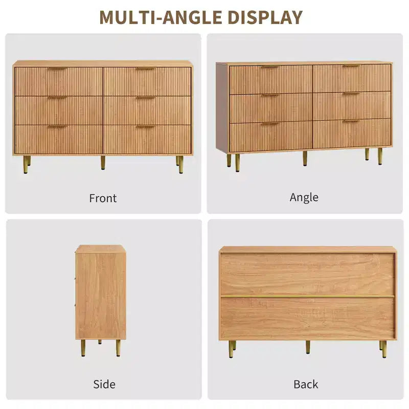 6-Drawer Modern Black Fluted Dresser, Wide Wooden Chest with Gold Metal Handles & Legs, Large Storage Organizer for Bedroom, Living Room & Entryway