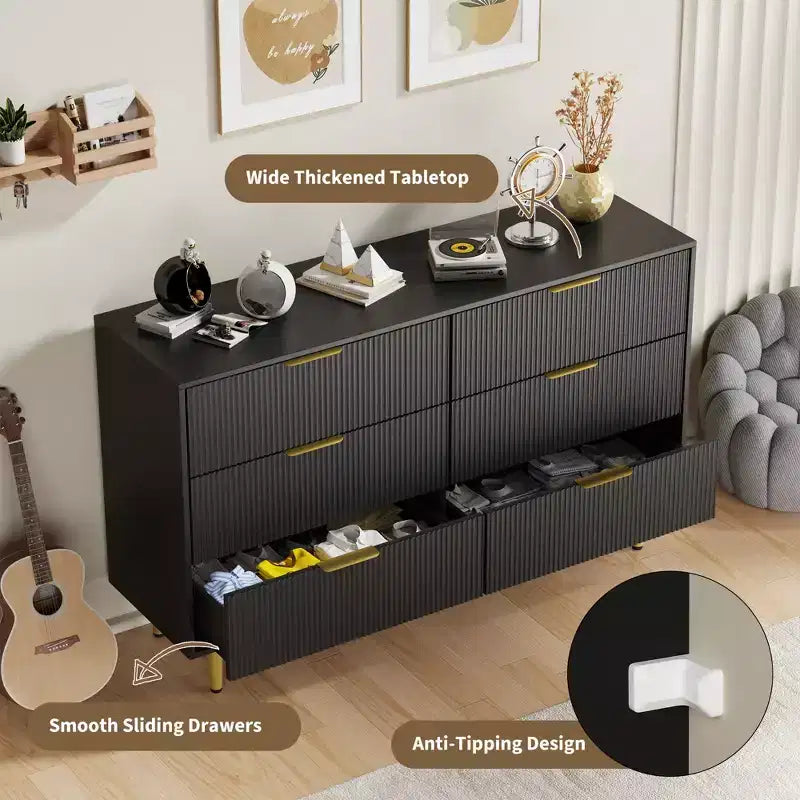 6-Drawer Modern Black Fluted Dresser, Wide Wooden Chest with Gold Metal Handles & Legs, Large Storage Organizer for Bedroom, Living Room & Entryway