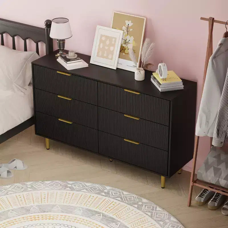 6-Drawer Modern Black Fluted Dresser, Wide Wooden Chest with Gold Metal Handles & Legs, Large Storage Organizer for Bedroom, Living Room & Entryway