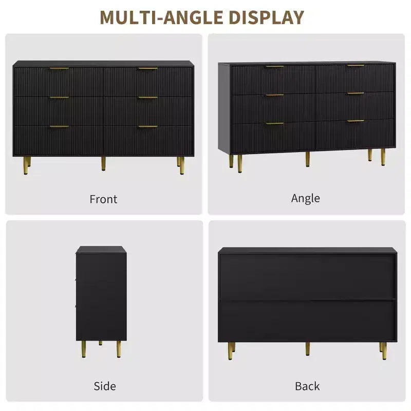 6-Drawer Modern Black Fluted Dresser, Wide Wooden Chest with Gold Metal Handles & Legs, Large Storage Organizer for Bedroom, Living Room & Entryway