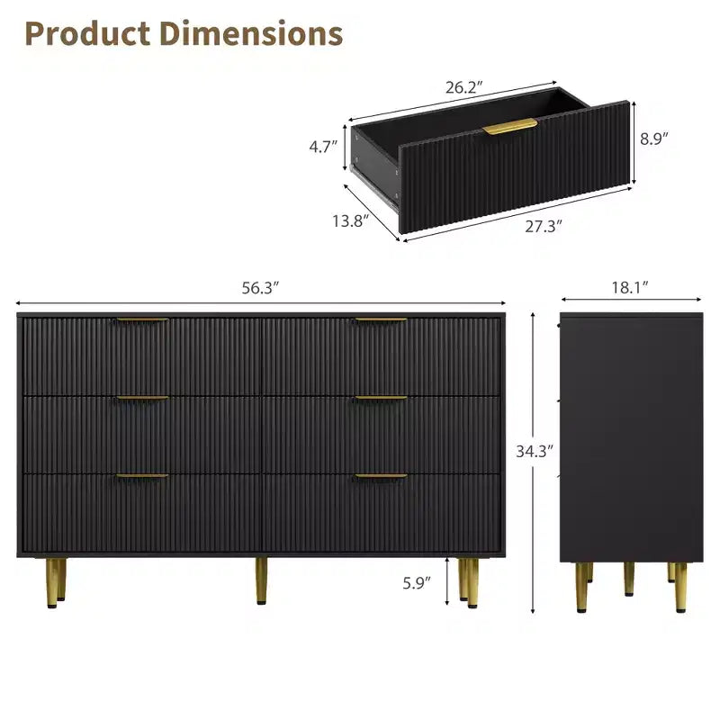6-Drawer Modern Black Fluted Dresser, Wide Wooden Chest with Gold Metal Handles & Legs, Large Storage Organizer for Bedroom, Living Room & Entryway