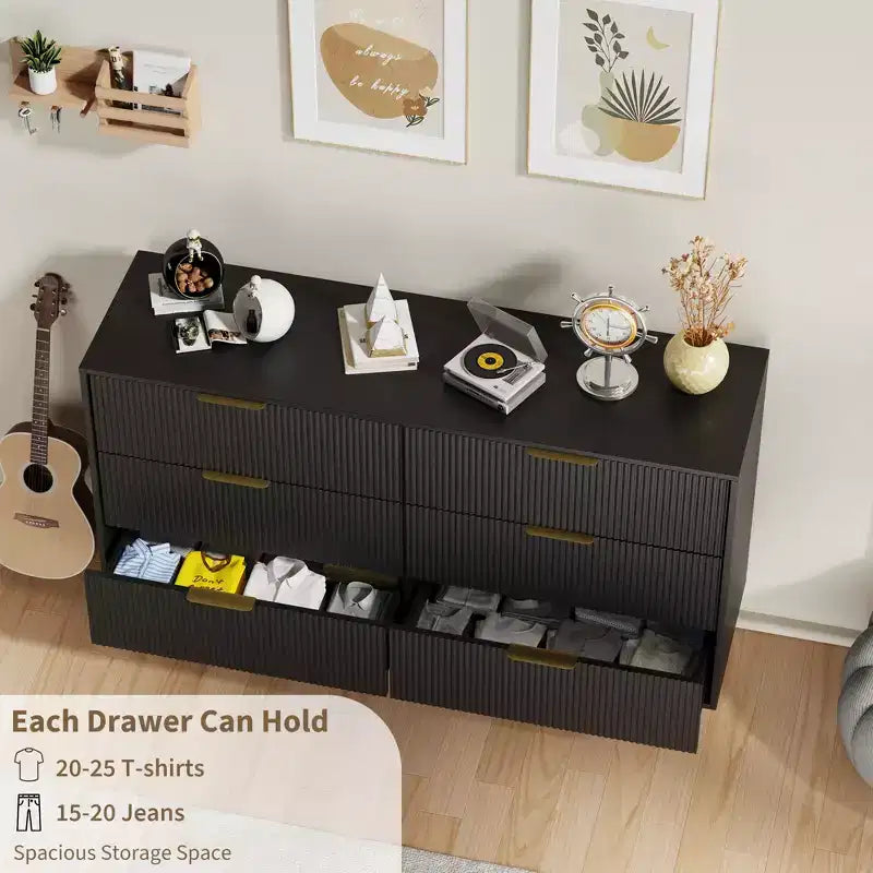 6-Drawer Modern Black Fluted Dresser, Wide Wooden Chest with Gold Metal Handles & Legs, Large Storage Organizer for Bedroom, Living Room & Entryway