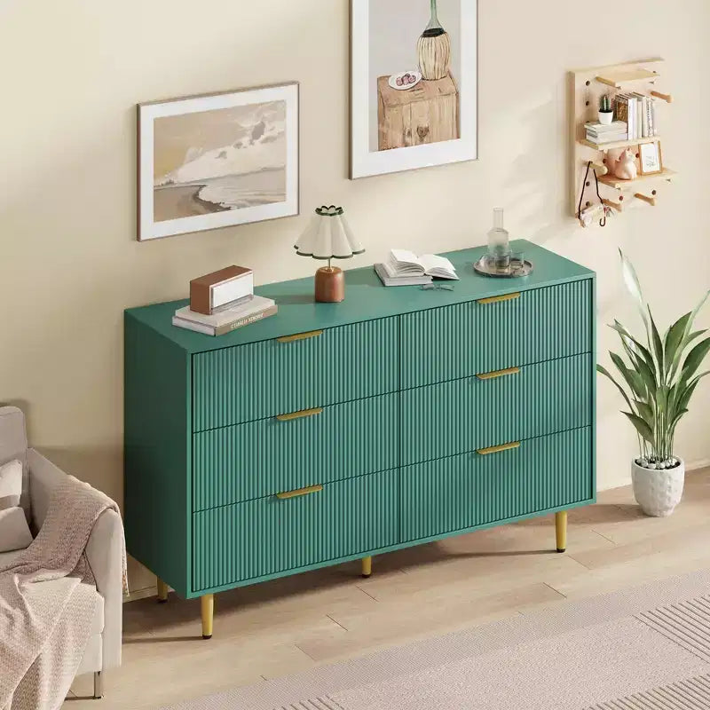 6-Drawer Modern Black Fluted Dresser, Wide Wooden Chest with Gold Metal Handles & Legs, Large Storage Organizer for Bedroom, Living Room & Entryway