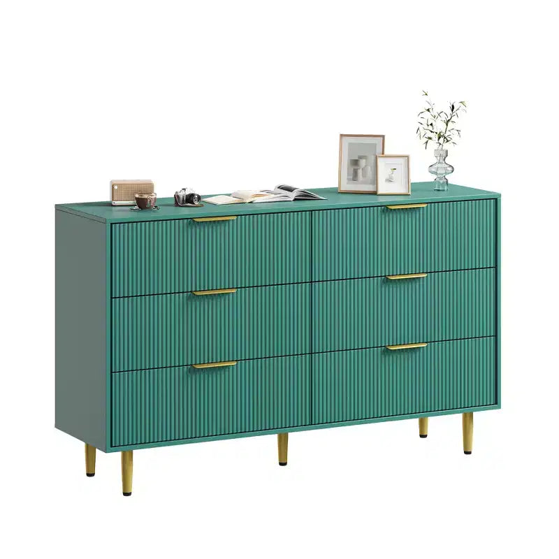 6-Drawer Modern Black Fluted Dresser, Wide Wooden Chest with Gold Metal Handles & Legs, Large Storage Organizer for Bedroom, Living Room & Entryway