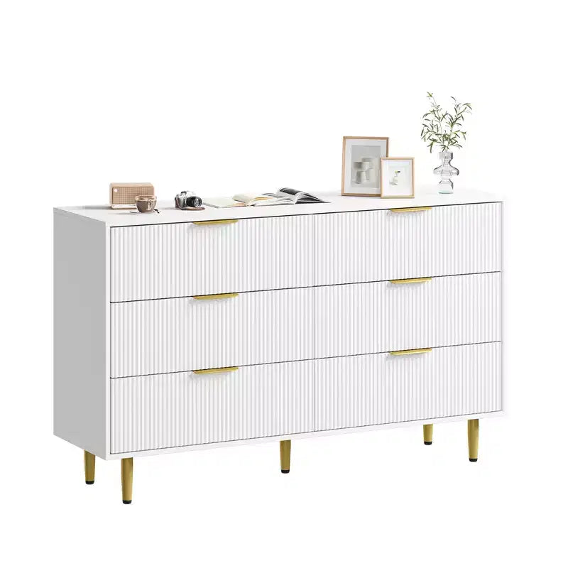 6-Drawer Modern Black Fluted Dresser, Wide Wooden Chest with Gold Metal Handles & Legs, Large Storage Organizer for Bedroom, Living Room & Entryway