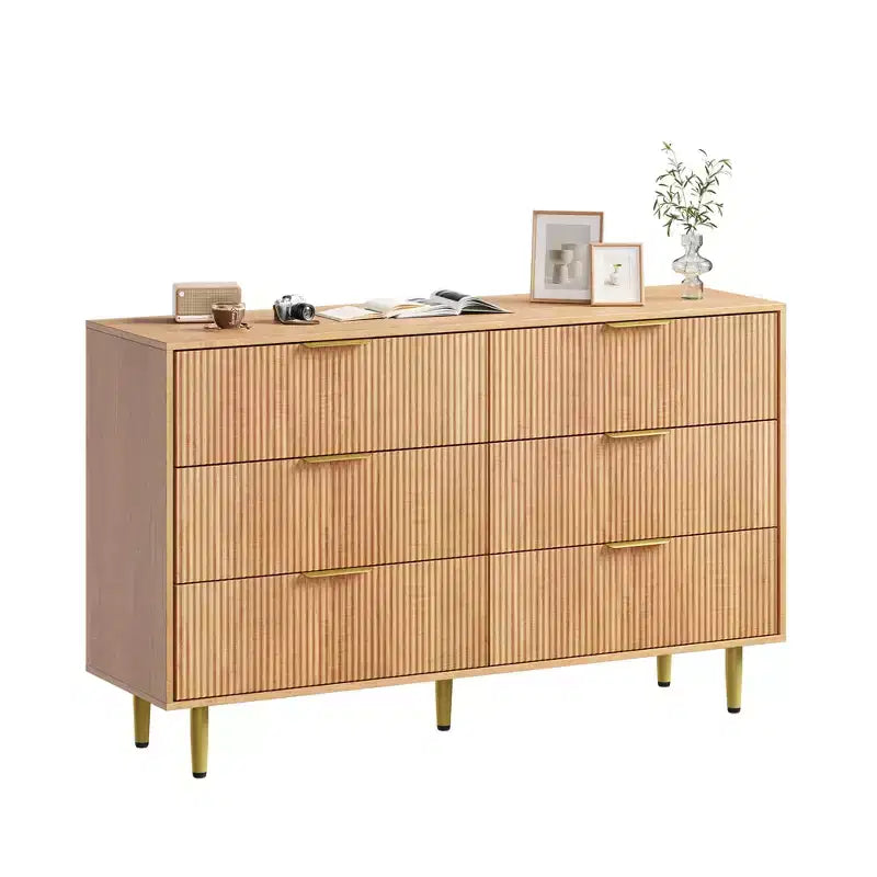 6-Drawer Modern Black Fluted Dresser, Wide Wooden Chest with Gold Metal Handles & Legs, Large Storage Organizer for Bedroom, Living Room & Entryway