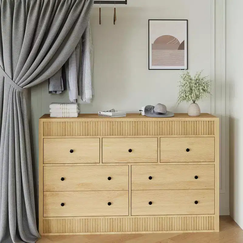 54 Wide 7 Drawer Wooden Dresser, Fluted Chest of Drawers & Storage Organizer for Bedroom, Living Room, Hallway & Entryway