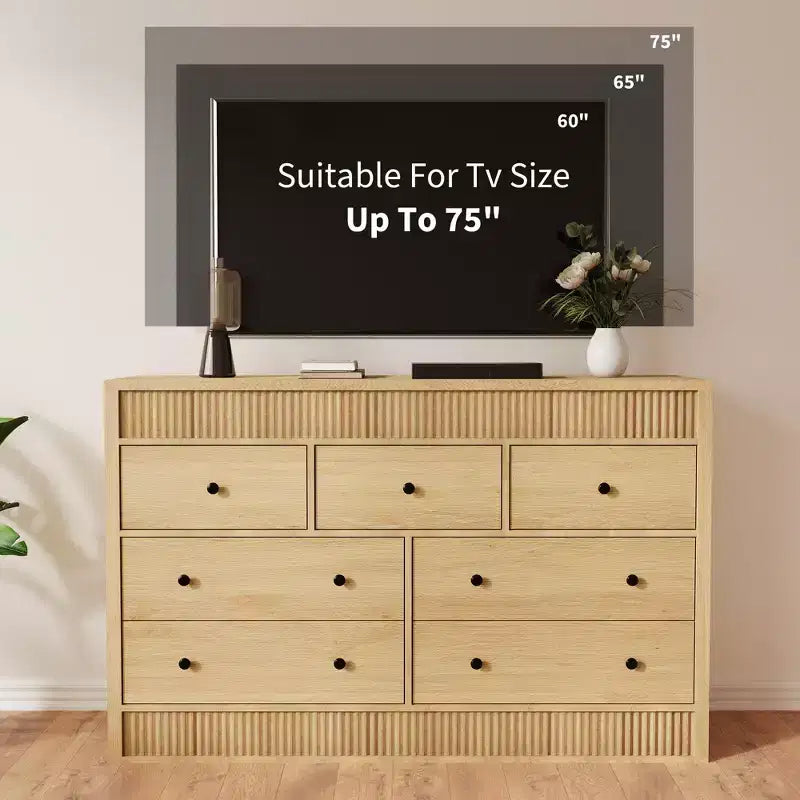54 Wide 7 Drawer Wooden Dresser, Fluted Chest of Drawers & Storage Organizer for Bedroom, Living Room, Hallway & Entryway