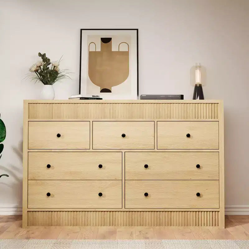 54 Wide 7 Drawer Wooden Dresser, Fluted Chest of Drawers & Storage Organizer for Bedroom, Living Room, Hallway & Entryway