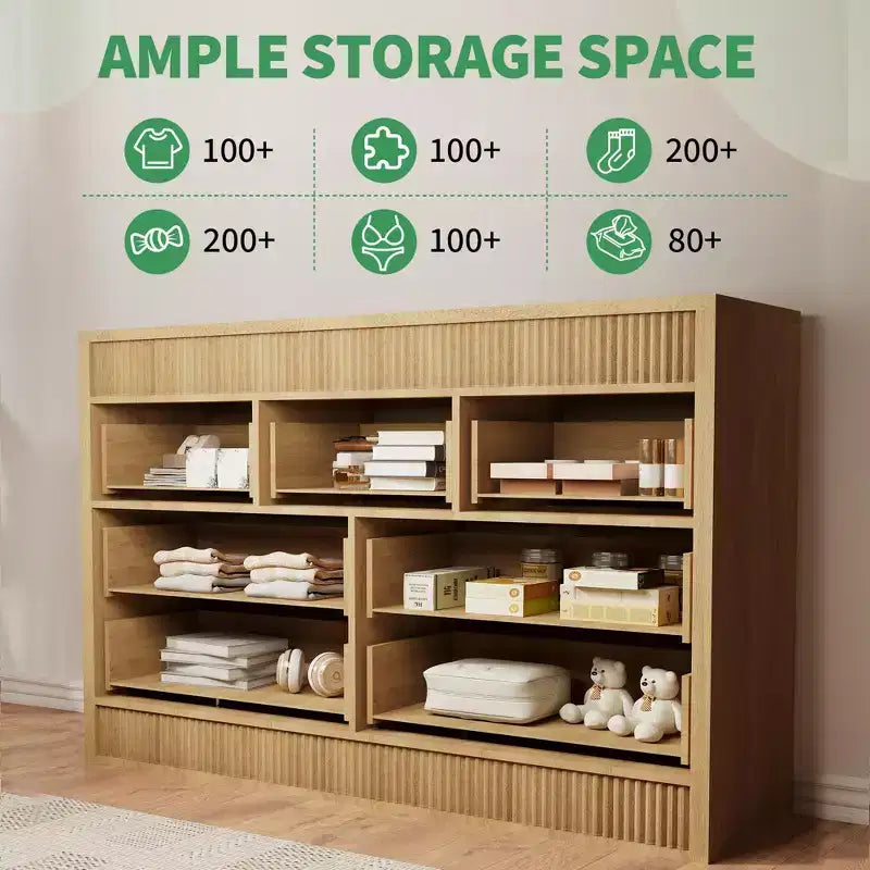 54 Wide 7 Drawer Wooden Dresser, Fluted Chest of Drawers & Storage Organizer for Bedroom, Living Room, Hallway & Entryway