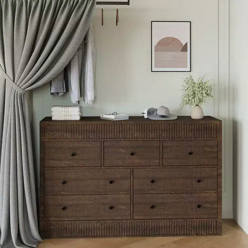 54 Wide 7 Drawer Wooden Dresser, Fluted Chest of Drawers & Storage Organizer for Bedroom, Living Room, Hallway & Entryway
