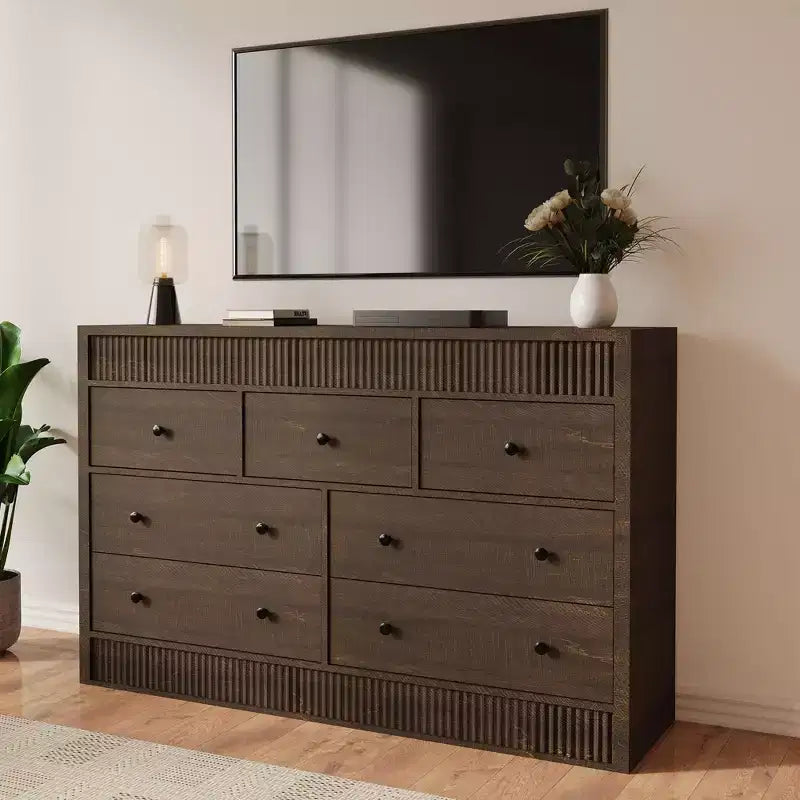 54 Wide 7 Drawer Wooden Dresser, Fluted Chest of Drawers & Storage Organizer for Bedroom, Living Room, Hallway & Entryway