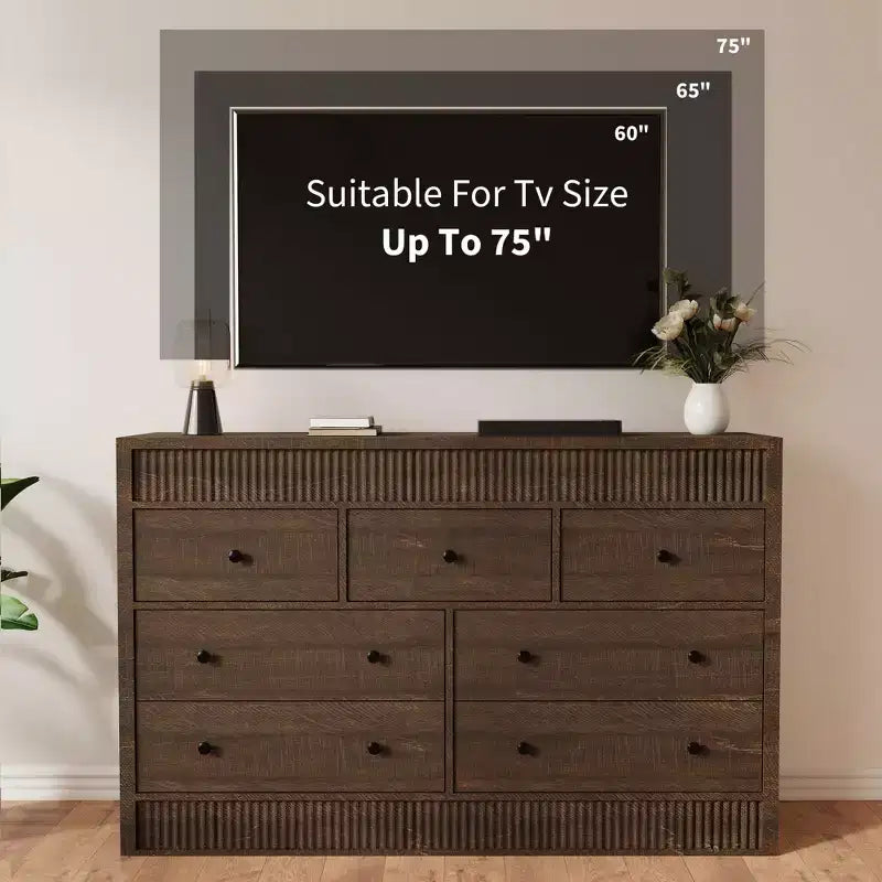 54 Wide 7 Drawer Wooden Dresser, Fluted Chest of Drawers & Storage Organizer for Bedroom, Living Room, Hallway & Entryway