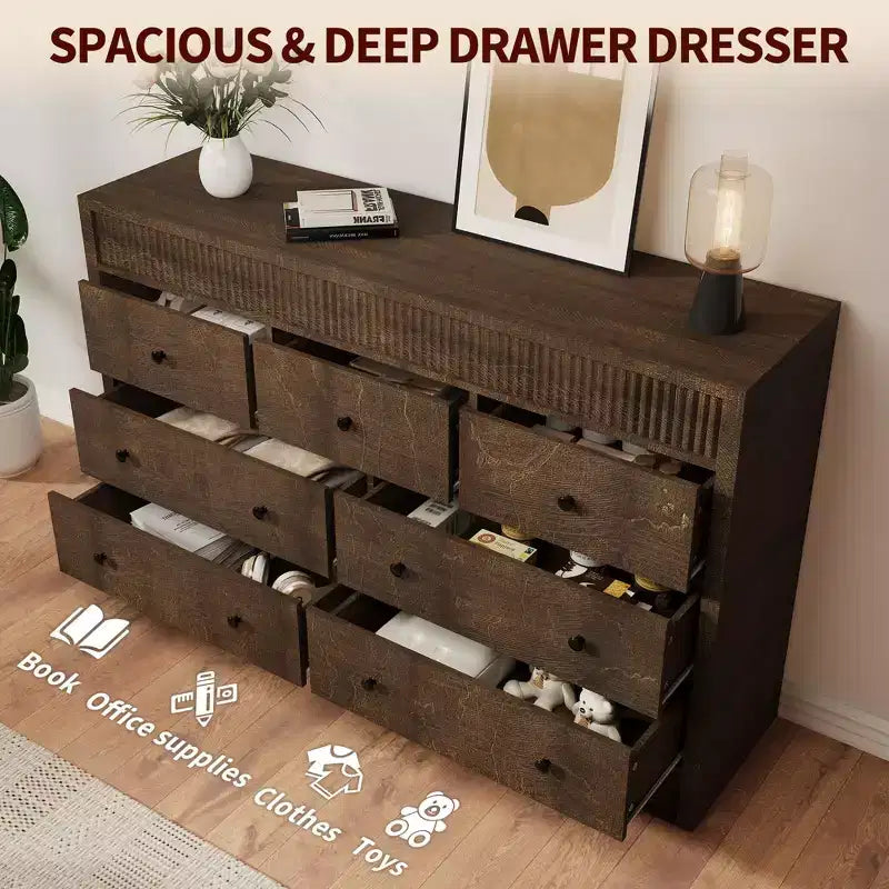 54 Wide 7 Drawer Wooden Dresser, Fluted Chest of Drawers & Storage Organizer for Bedroom, Living Room, Hallway & Entryway
