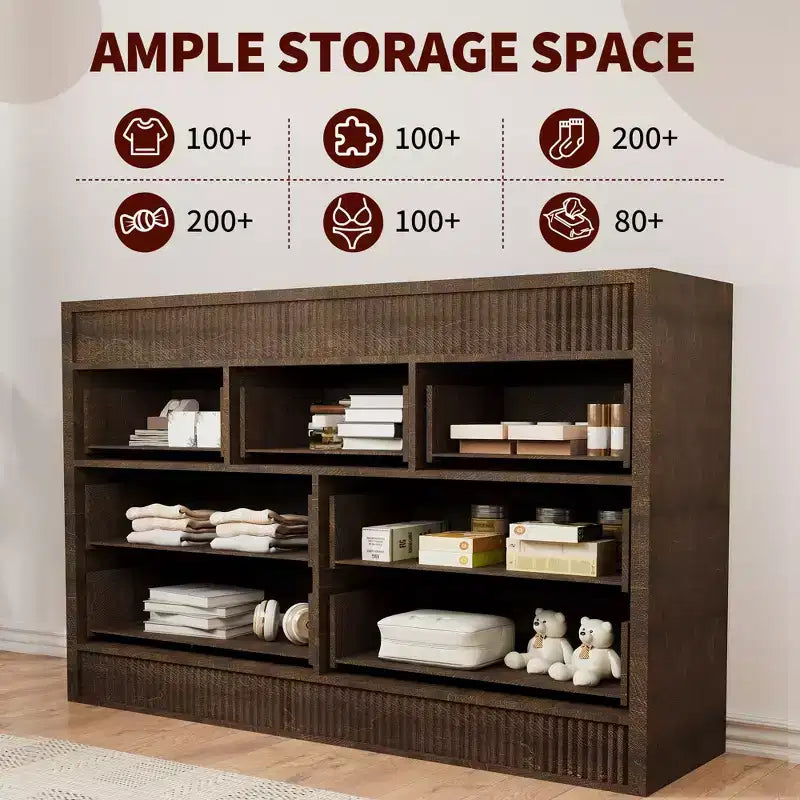 54 Wide 7 Drawer Wooden Dresser, Fluted Chest of Drawers & Storage Organizer for Bedroom, Living Room, Hallway & Entryway
