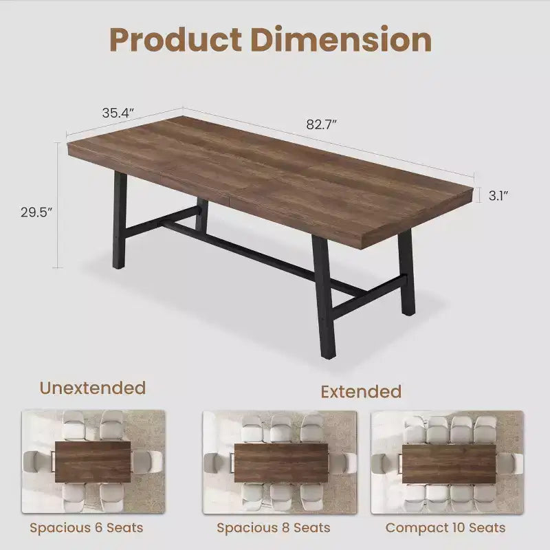 63-83 Extendable Dining Table, Industrial Rectangular Table for 6-8 People, Rustic Brown Expandable Kitchen Table with Heavy Duty Metal Frame