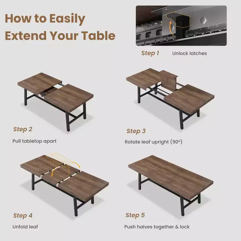 63-83 Extendable Dining Table, Industrial Rectangular Table for 6-8 People, Rustic Brown Expandable Kitchen Table with Heavy Duty Metal Frame