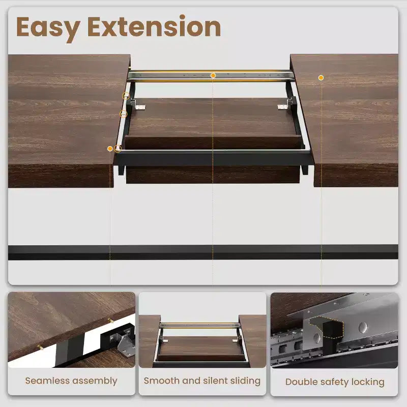 63-83 Extendable Dining Table, Industrial Rectangular Table for 6-8 People, Rustic Brown Expandable Kitchen Table with Heavy Duty Metal Frame