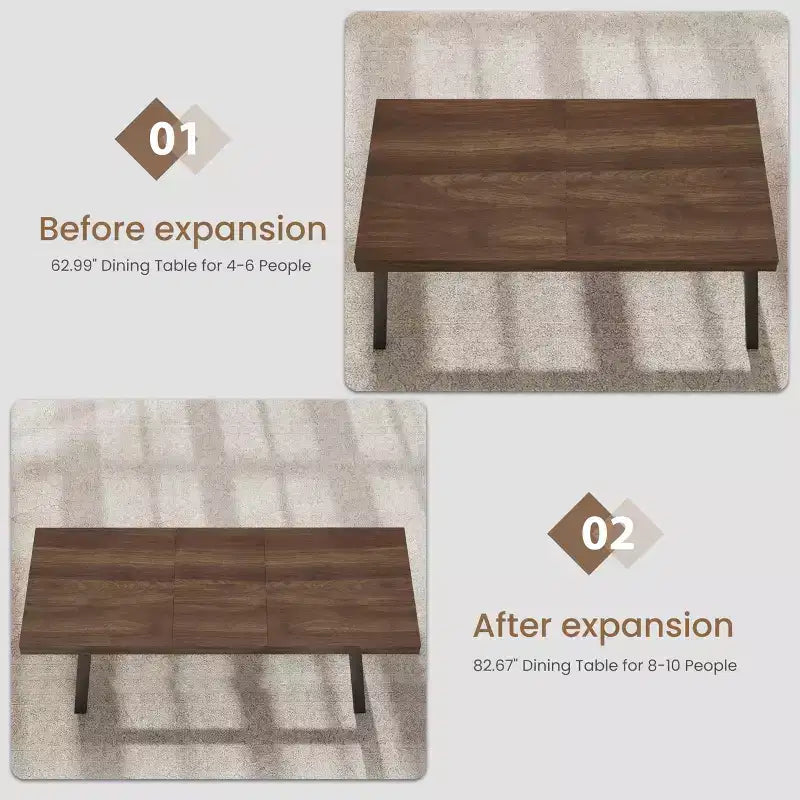 63-83 Extendable Dining Table, Industrial Rectangular Table for 6-8 People, Rustic Brown Expandable Kitchen Table with Heavy Duty Metal Frame