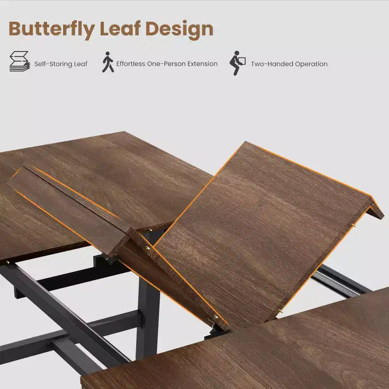 63-83 Extendable Dining Table, Industrial Rectangular Table for 6-8 People, Rustic Brown Expandable Kitchen Table with Heavy Duty Metal Frame