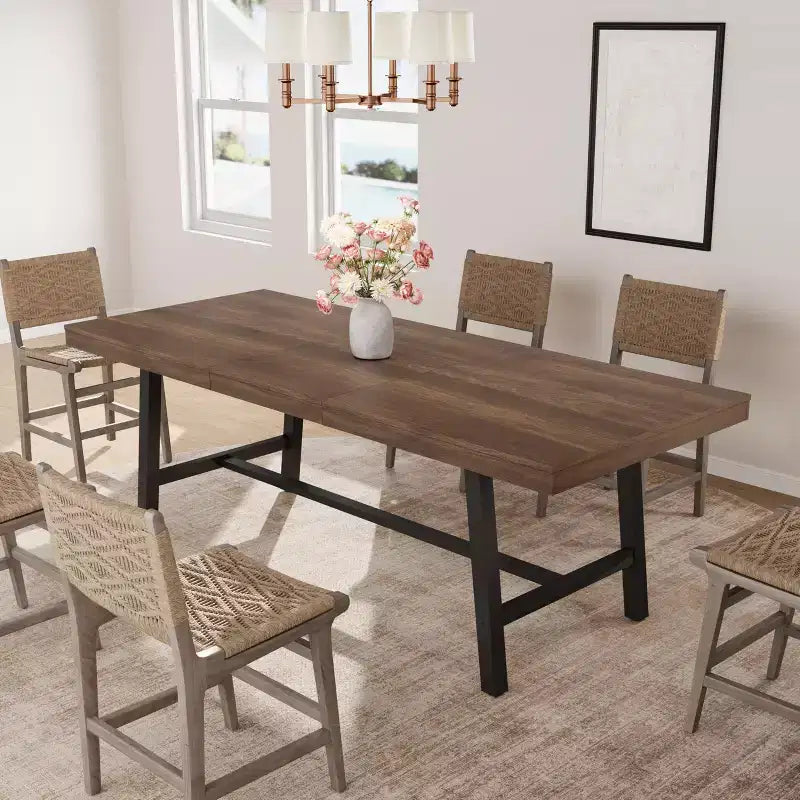63-83 Extendable Dining Table, Industrial Rectangular Table for 6-8 People, Rustic Brown Expandable Kitchen Table with Heavy Duty Metal Frame