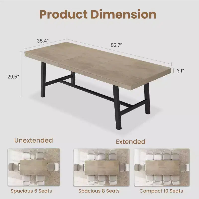 63-83 Extendable Dining Table, Industrial Rectangular Table for 6-8 People, Rustic Brown Expandable Kitchen Table with Heavy Duty Metal Frame