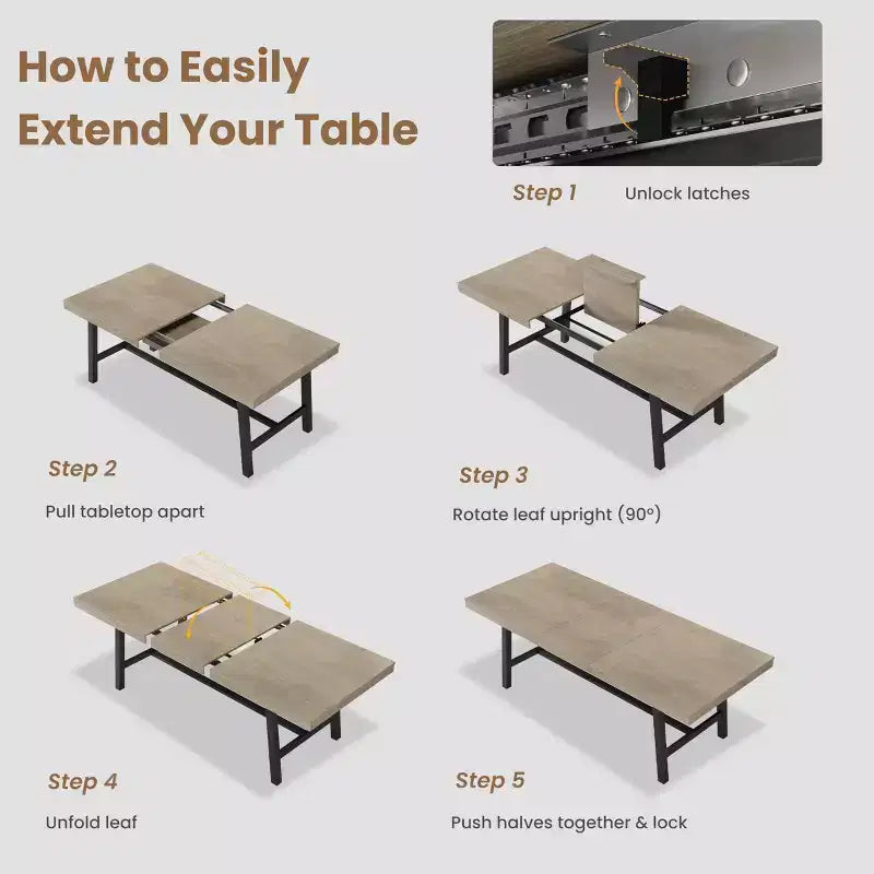 63-83 Extendable Dining Table, Industrial Rectangular Table for 6-8 People, Rustic Brown Expandable Kitchen Table with Heavy Duty Metal Frame