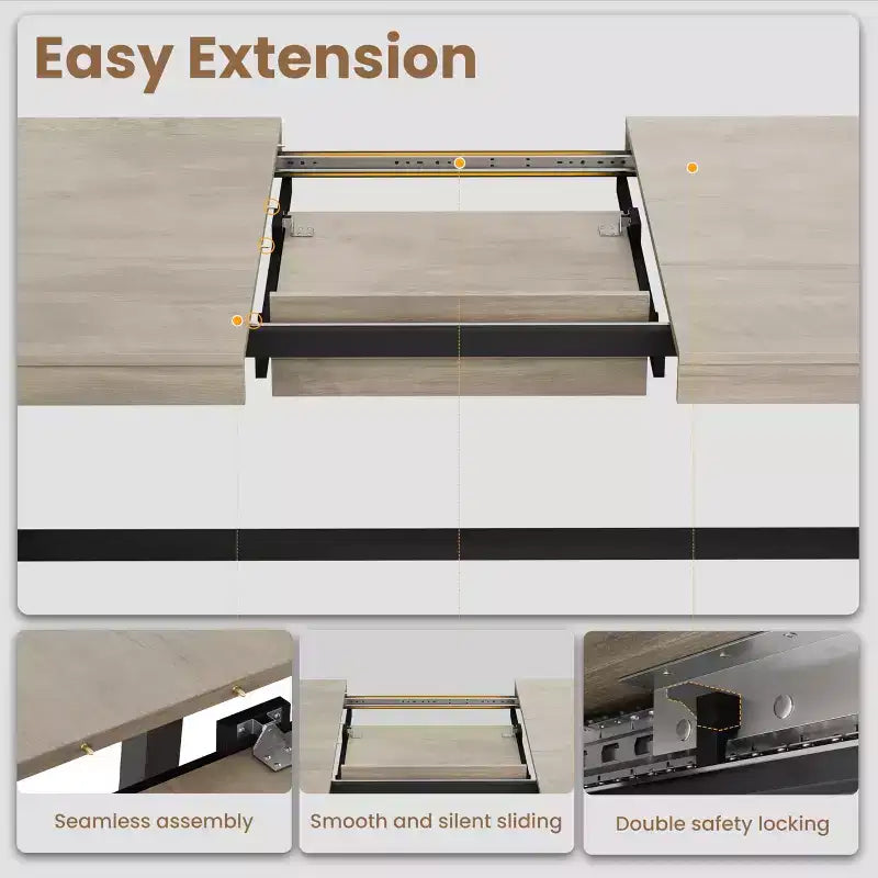 63-83 Extendable Dining Table, Industrial Rectangular Table for 6-8 People, Rustic Brown Expandable Kitchen Table with Heavy Duty Metal Frame