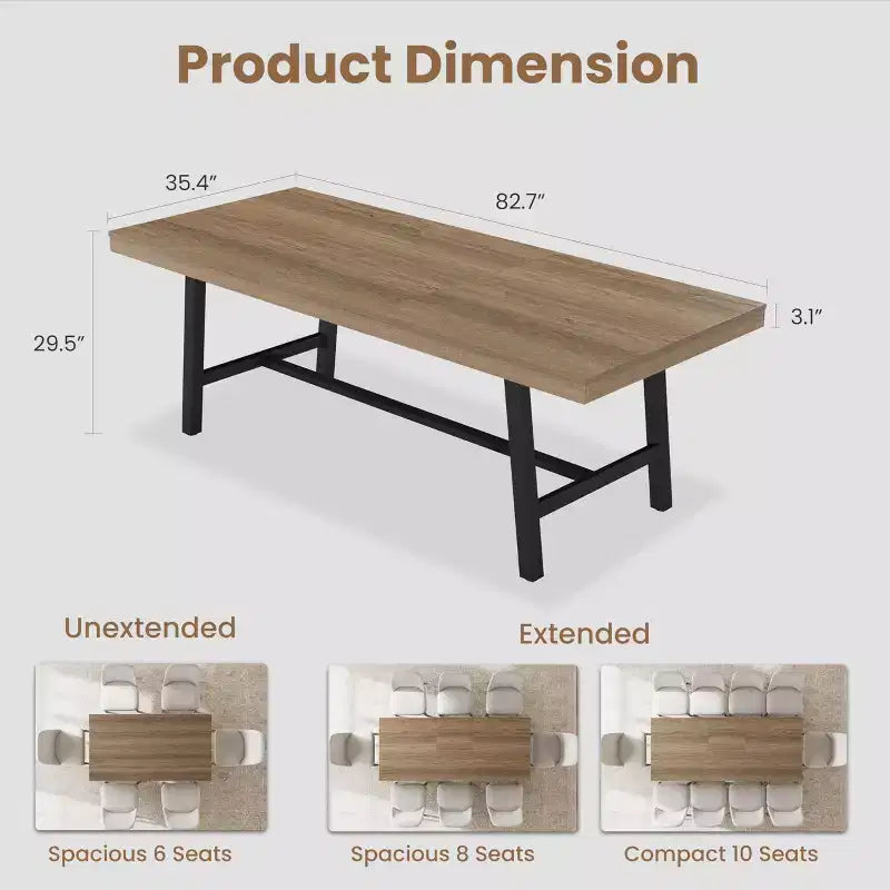 63-83 Extendable Dining Table, Industrial Rectangular Table for 6-8 People, Rustic Brown Expandable Kitchen Table with Heavy Duty Metal Frame