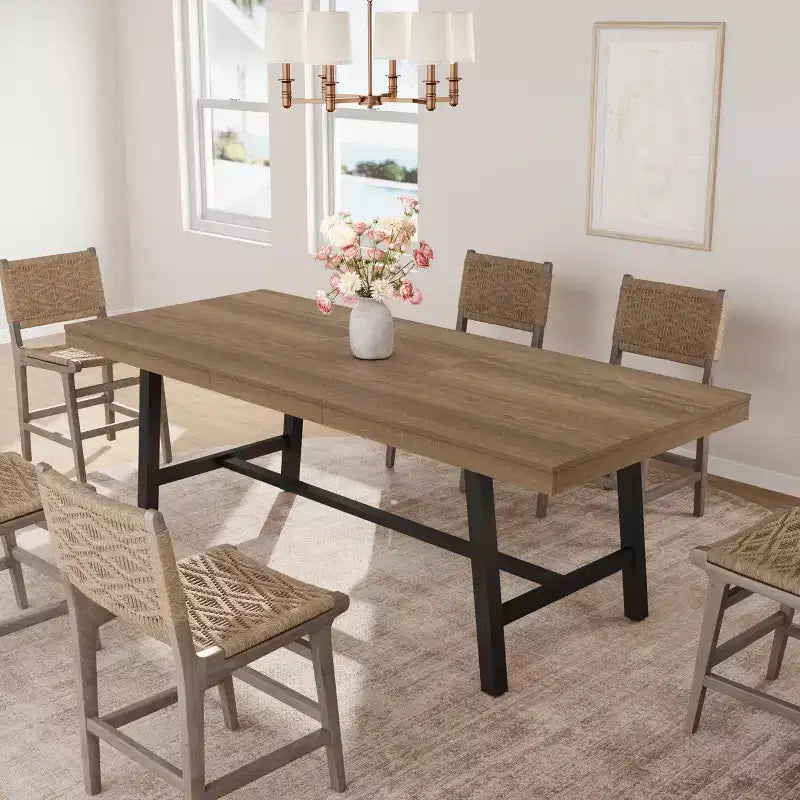 63-83 Extendable Dining Table, Industrial Rectangular Table for 6-8 People, Rustic Brown Expandable Kitchen Table with Heavy Duty Metal Frame