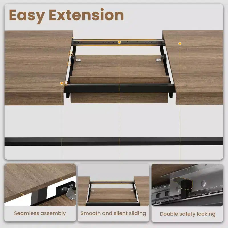 63-83 Extendable Dining Table, Industrial Rectangular Table for 6-8 People, Rustic Brown Expandable Kitchen Table with Heavy Duty Metal Frame