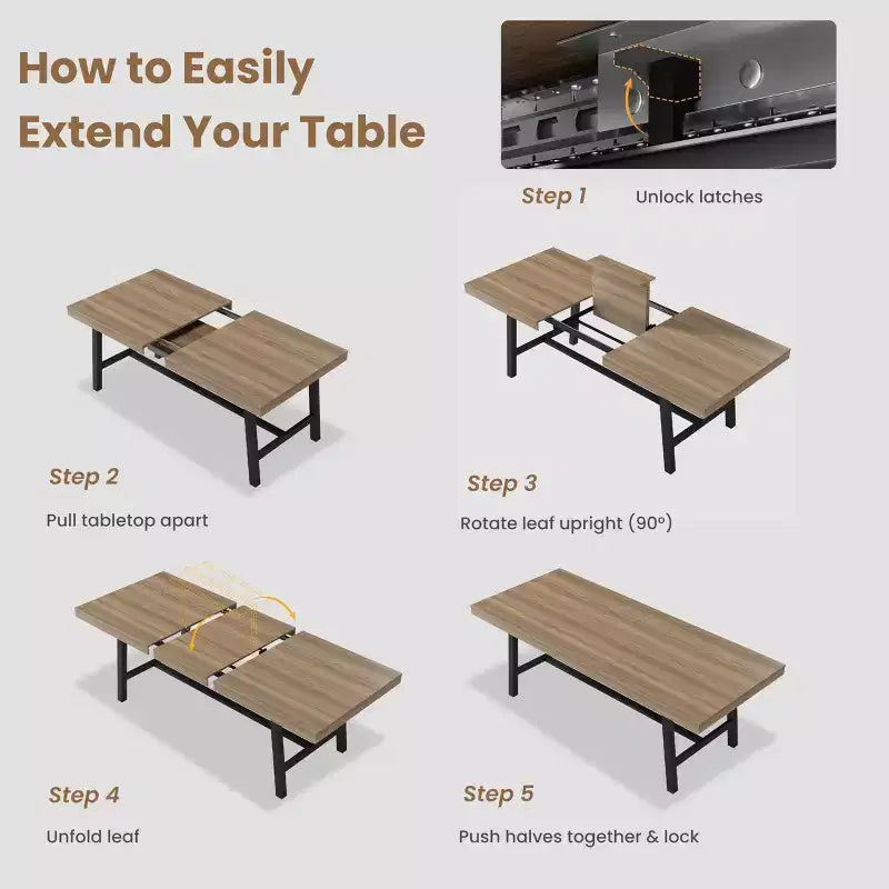 63-83 Extendable Dining Table, Industrial Rectangular Table for 6-8 People, Rustic Brown Expandable Kitchen Table with Heavy Duty Metal Frame