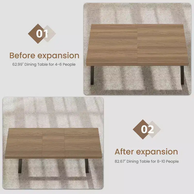 63-83 Extendable Dining Table, Industrial Rectangular Table for 6-8 People, Rustic Brown Expandable Kitchen Table with Heavy Duty Metal Frame